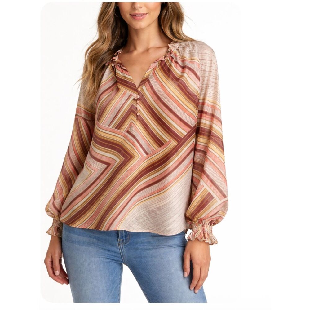 Robert Graham Pink and Brown Silk Geometric Blouse Size Small